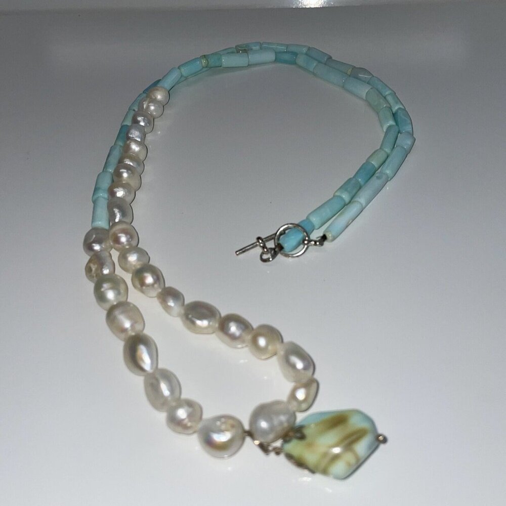 Aqua Peruvian Opal? Tube Beads & Freshwater Pearl Pendant Gemstone Necklace A140 - Picture 3 of 16